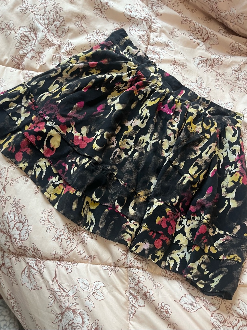 Black Floral Leopard-Print Tiered Mini Skirt